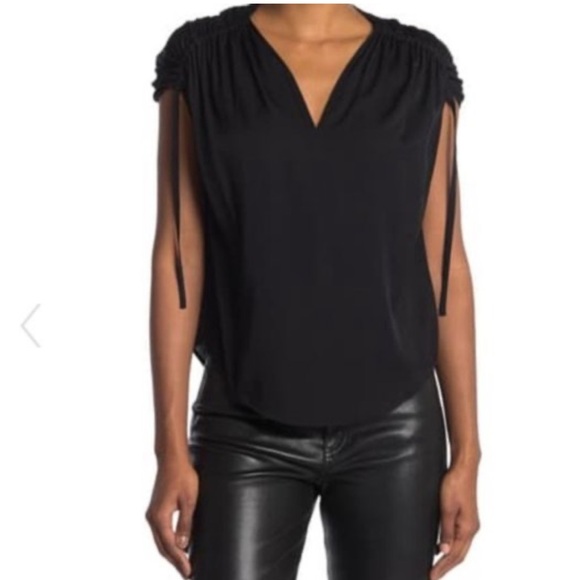 Vince Tops - VINCE Ruched Short Sleeve Silk V Neck Top